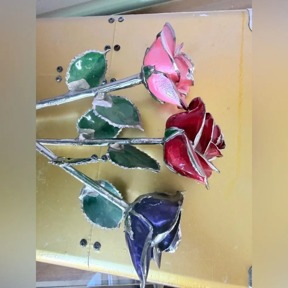 Artistic Silver Glass dipped Roses Pink Red and Purple